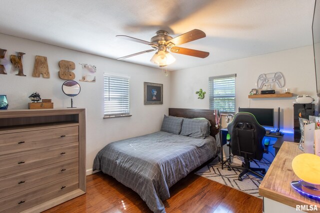 bedroom with wood-type flooring, multiple windows, and ceiling fan