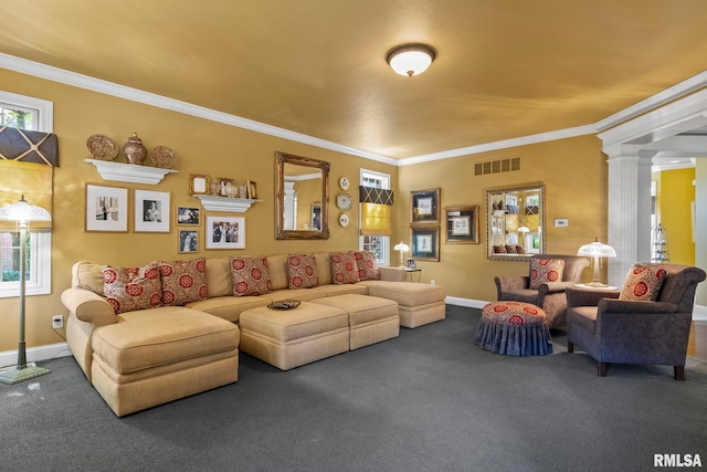 living room featuring ornate columns, ornamental molding, and carpet