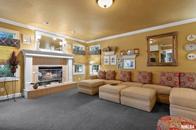 carpeted living room with a fireplace and ornamental molding