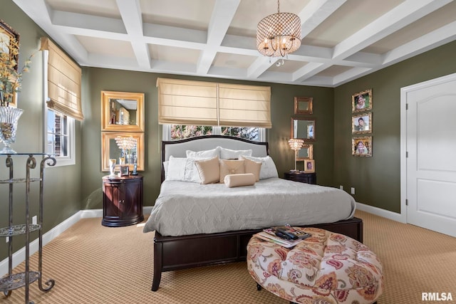 bedroom featuring light carpet, an inviting chandelier, beamed ceiling, and coffered ceiling