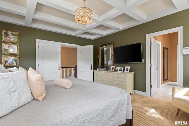 bedroom featuring light carpet, beam ceiling, coffered ceiling, and a chandelier