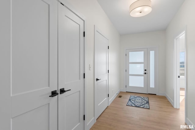 doorway to outside featuring a healthy amount of sunlight and light hardwood / wood-style flooring