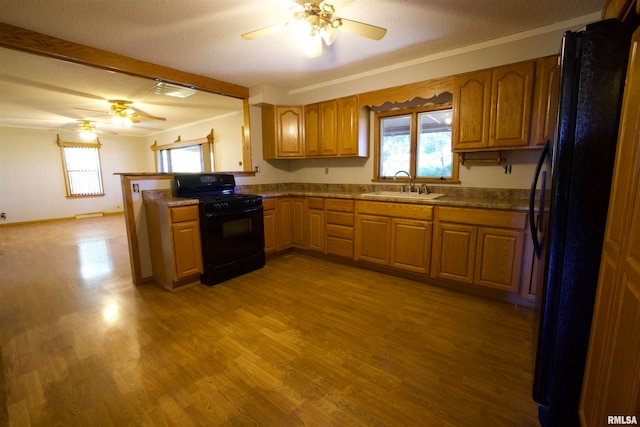 kitchen with hardwood / wood-style flooring, sink, a textured ceiling, and black appliances