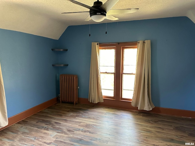 interior space featuring radiator, lofted ceiling, a textured ceiling, and dark hardwood / wood-style floors