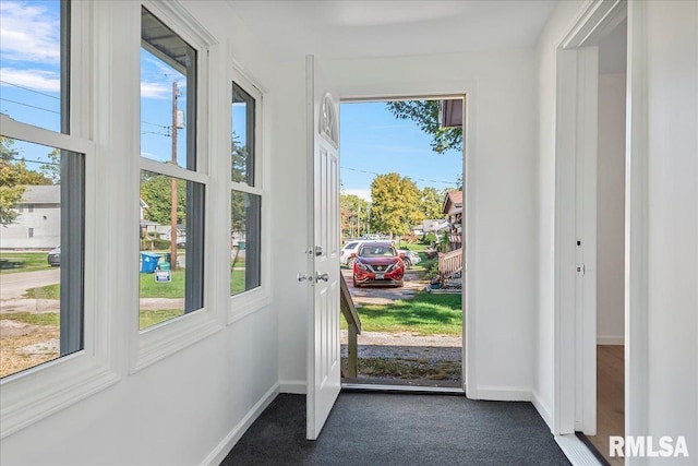 doorway to outside featuring plenty of natural light and dark colored carpet