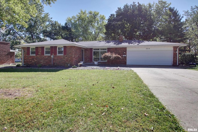 ranch-style house with brick siding, a garage, a front lawn, and driveway