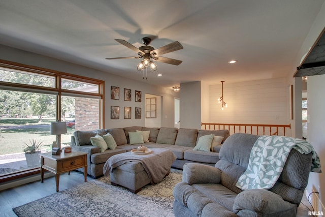 living room with ceiling fan and wood-type flooring