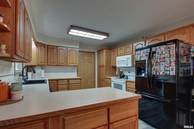 kitchen featuring white appliances, backsplash, sink, and kitchen peninsula