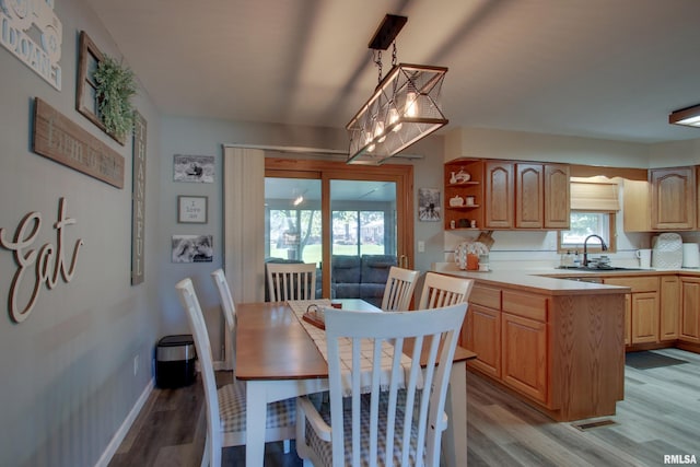 dining area with light hardwood / wood-style flooring and sink