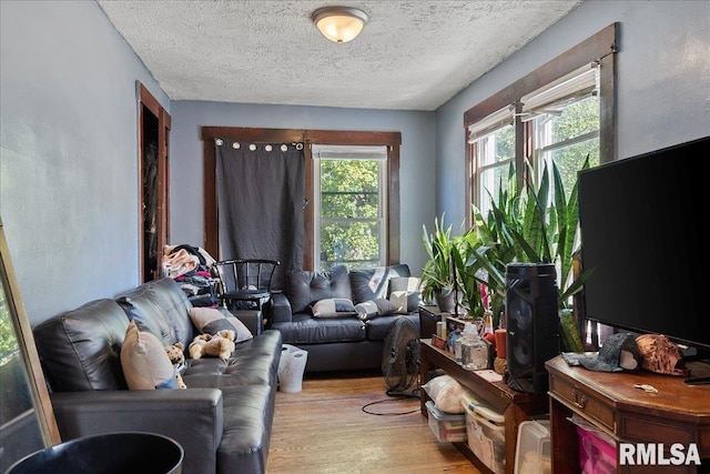 living room featuring plenty of natural light, a textured ceiling, and light wood-type flooring