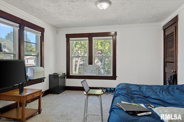 carpeted bedroom with crown molding and a textured ceiling