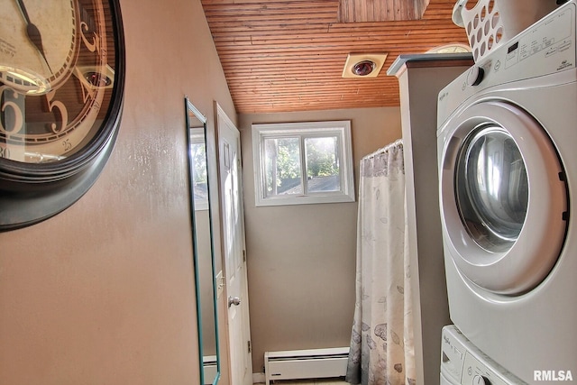 laundry area with stacked washer and clothes dryer, wood ceiling, and baseboard heating