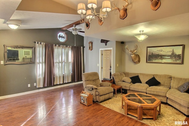 living room with ceiling fan with notable chandelier, vaulted ceiling with beams, and hardwood / wood-style flooring