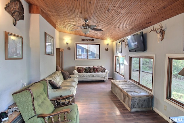 living area with baseboards, a ceiling fan, lofted ceiling, wood ceiling, and wood finished floors