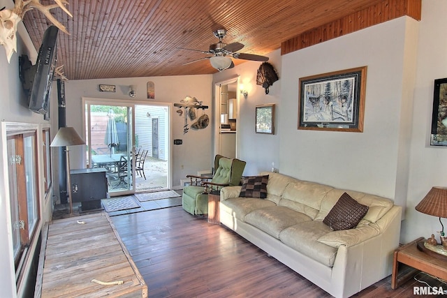 living area with ceiling fan, wood finished floors, vaulted ceiling, and wood ceiling