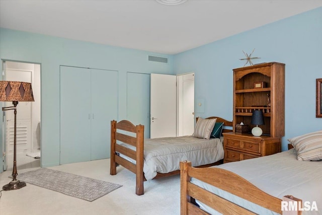 carpeted bedroom featuring multiple closets