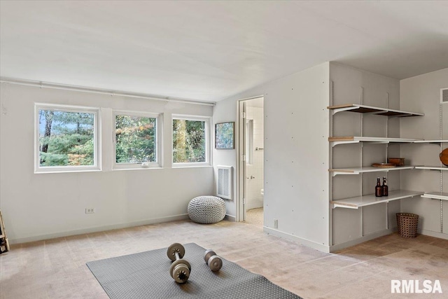 workout area featuring light carpet and vaulted ceiling