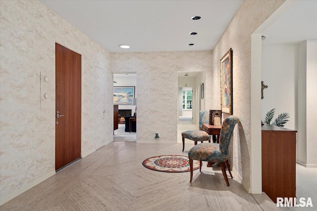 corridor featuring light parquet flooring