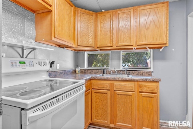 kitchen featuring sink, plenty of natural light, and white range with electric stovetop