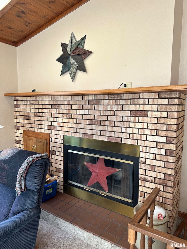 room details featuring tile patterned flooring, a fireplace, and wooden ceiling