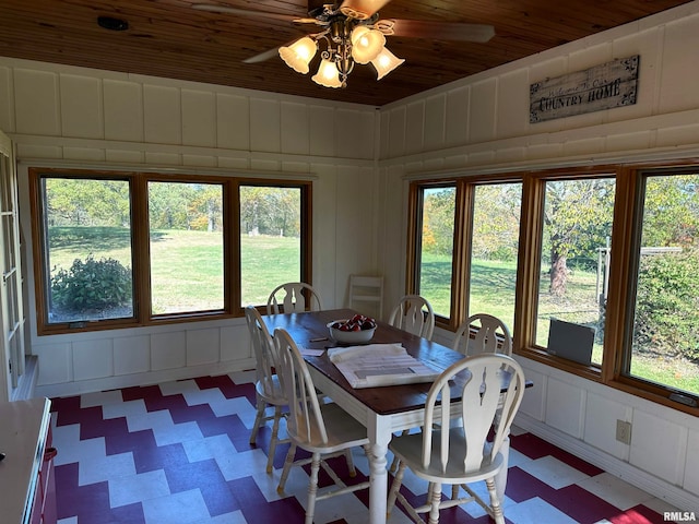 dining area with wooden ceiling and ceiling fan