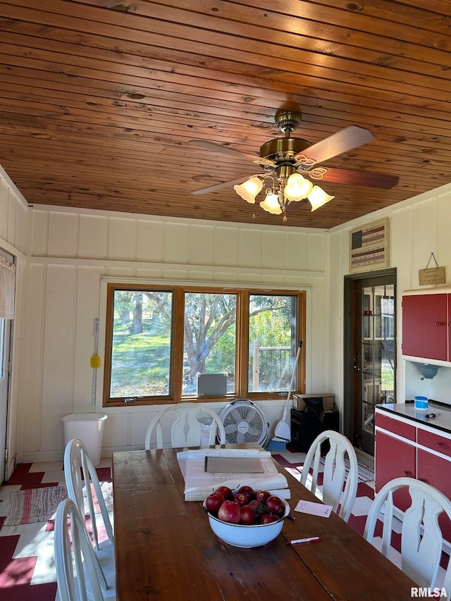 dining room with wood ceiling, ceiling fan, and a wealth of natural light