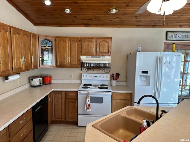 kitchen featuring wood ceiling, sink, vaulted ceiling, white appliances, and ceiling fan