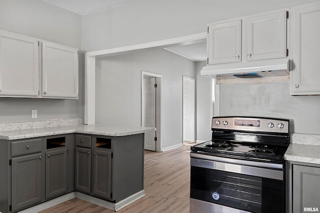 kitchen with kitchen peninsula, white cabinets, electric range, light wood-type flooring, and gray cabinetry