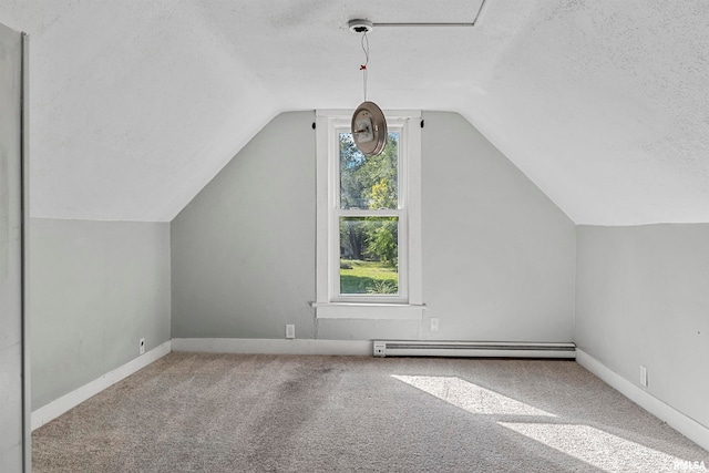 additional living space with a textured ceiling, lofted ceiling, and light colored carpet