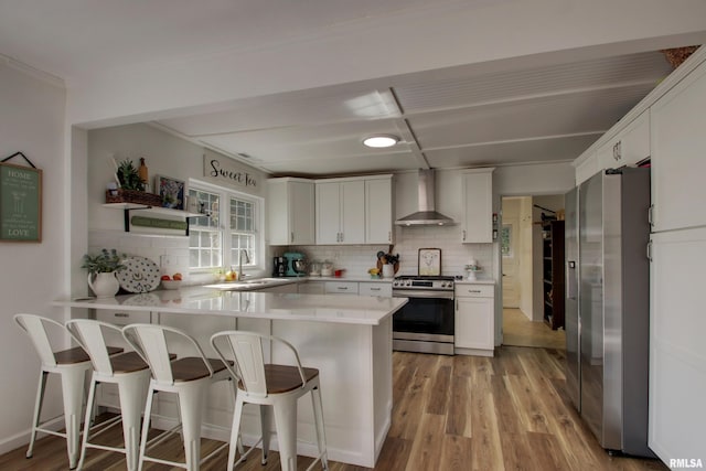 kitchen with stainless steel appliances, wall chimney range hood, kitchen peninsula, and white cabinets