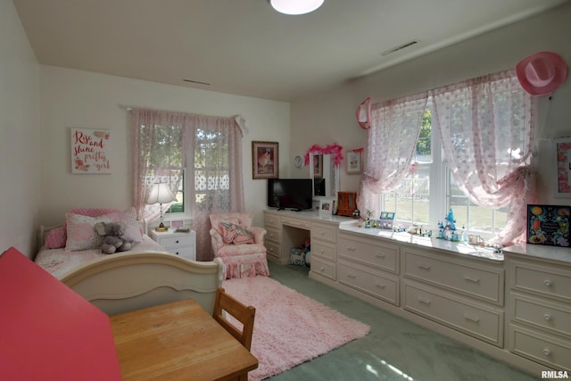 carpeted bedroom with built in desk