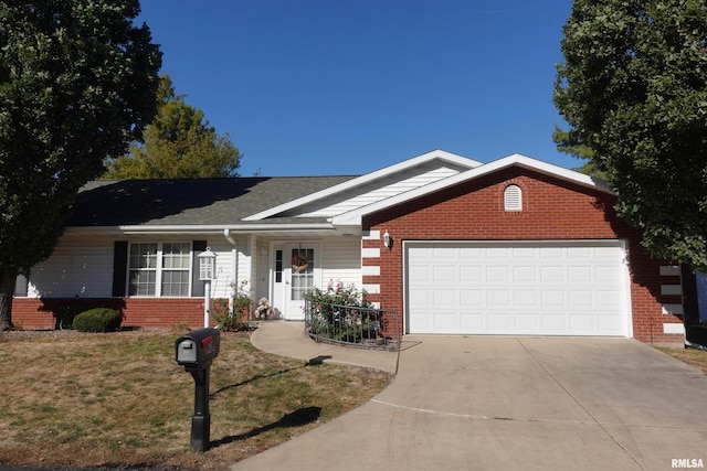 single story home with a garage and a front yard