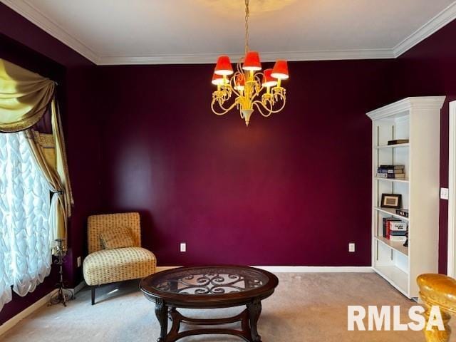 sitting room with crown molding, light carpet, and an inviting chandelier