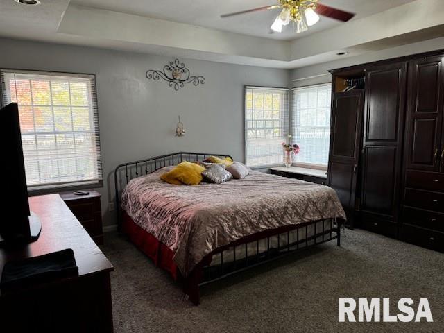 bedroom with ceiling fan, dark carpet, and multiple windows