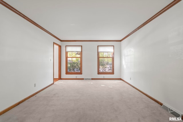 carpeted spare room featuring crown molding