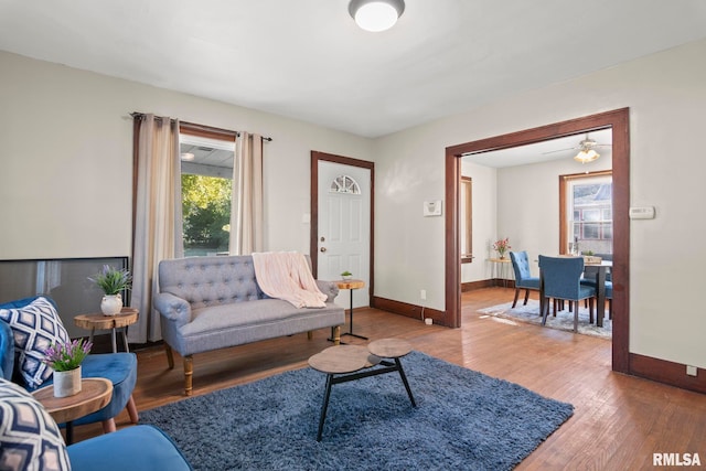 living room featuring hardwood / wood-style flooring and ceiling fan