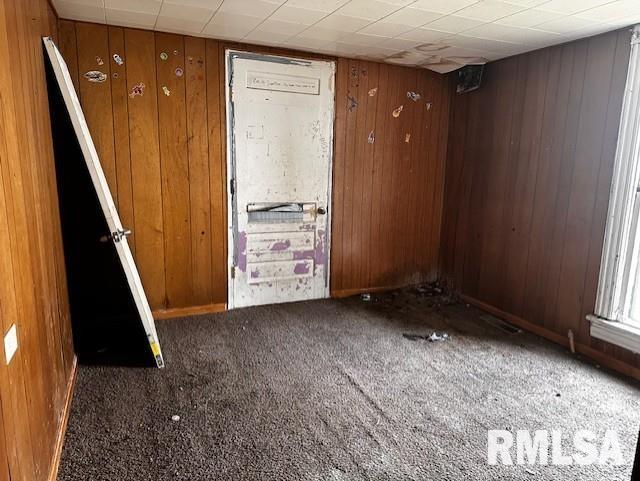 carpeted spare room with wood walls