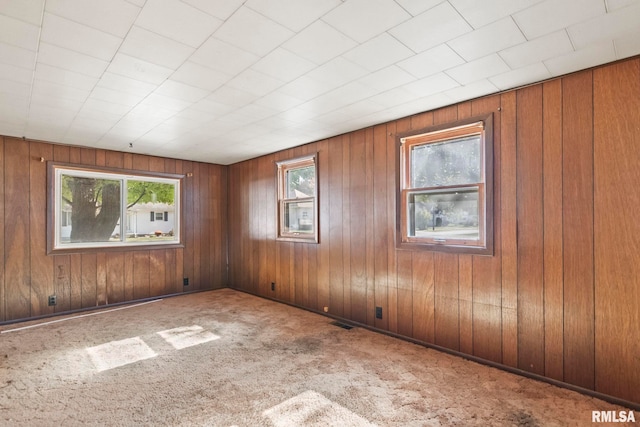 carpeted spare room with wooden walls