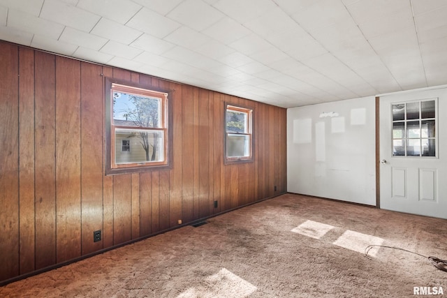 empty room featuring carpet floors and wood walls