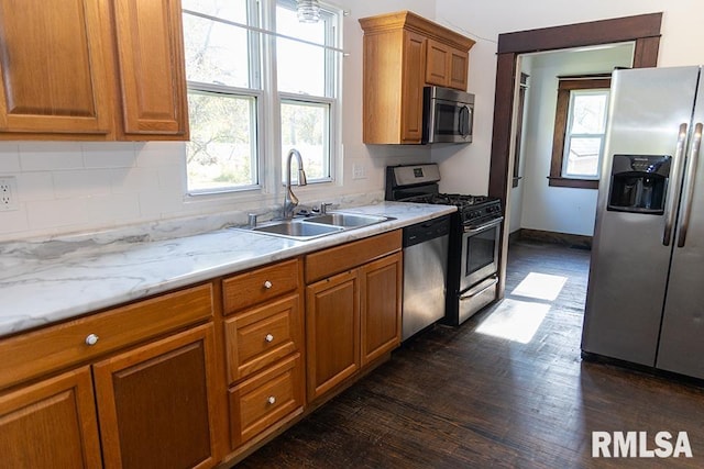 kitchen featuring dark wood-type flooring, a healthy amount of sunlight, appliances with stainless steel finishes, and sink