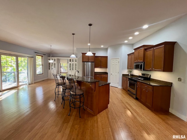 kitchen featuring a large island with sink, a kitchen breakfast bar, light hardwood / wood-style flooring, pendant lighting, and appliances with stainless steel finishes