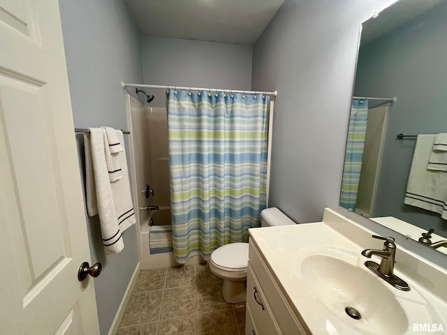 full bathroom with shower / bath combination with curtain, toilet, tile patterned floors, and vanity