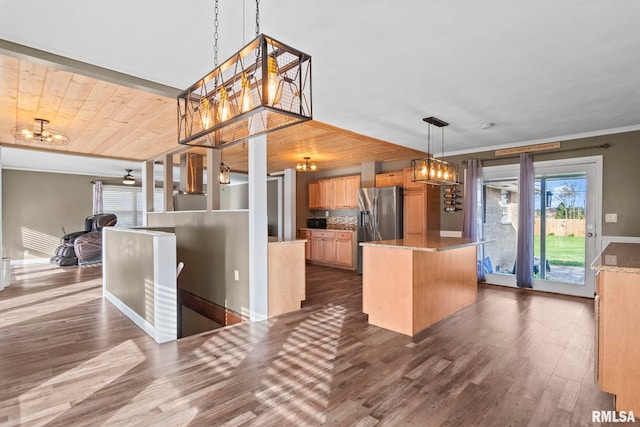 kitchen with wooden ceiling, dark hardwood / wood-style floors, pendant lighting, stainless steel refrigerator with ice dispenser, and light stone counters