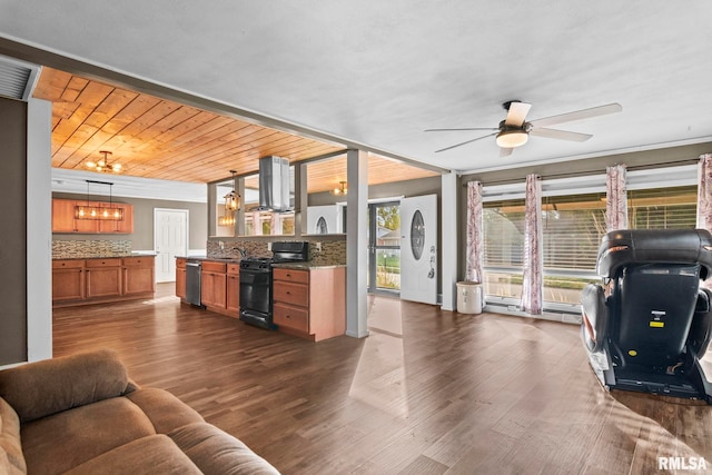 living room featuring sink, wood ceiling, ceiling fan, dark wood-type flooring, and ornamental molding