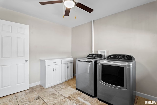 washroom with washer and clothes dryer, ceiling fan, and cabinets