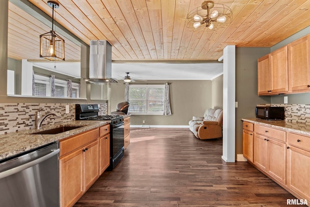 kitchen with light stone counters, black appliances, dark wood-type flooring, range hood, and sink