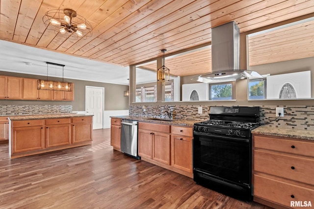 kitchen with island range hood, gas stove, dark hardwood / wood-style flooring, wooden ceiling, and stainless steel dishwasher