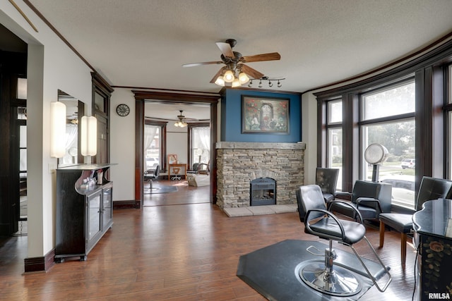 living room featuring a fireplace, plenty of natural light, ornamental molding, and a textured ceiling