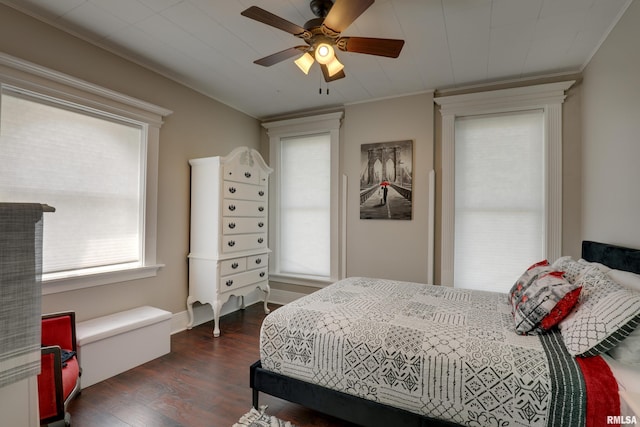 bedroom with multiple windows, crown molding, dark hardwood / wood-style floors, and ceiling fan