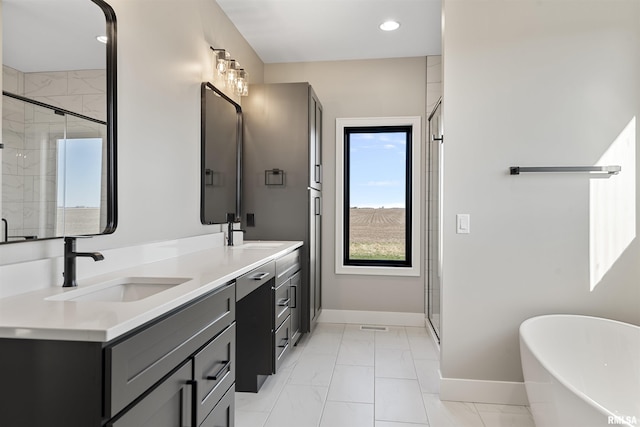 bathroom with plus walk in shower and vanity